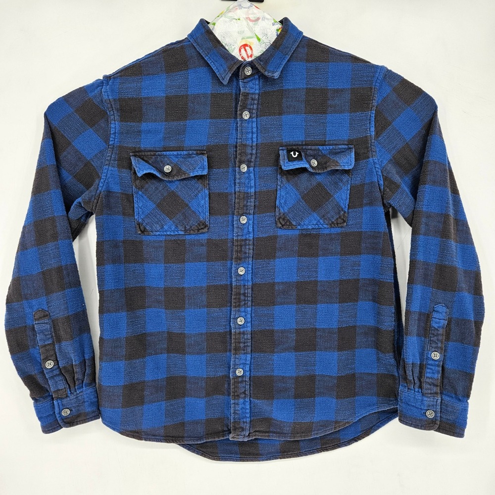 True Religion Shirt Mens Large Blue Black Buffalo Plaid Flannel Long Sleeve